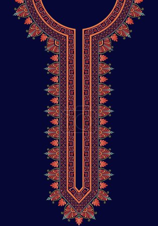 Illustration for Neck embroidery decoration for the Indian kurta with Greek style on the navy blue background. The colorful pattern design for printing on fabrics, textiles, kaftan dresses, and African dashiki shirts. - Royalty Free Image