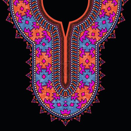 Colorful abstract symmetrical neckline pattern design for the African dashiki shirt with the savage tribe and geometrical motifs on a black background. Prints for African wax clothes and T-shirts.
