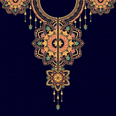 Illustration for Luxury mandala pattern in gold and blue colors for embroidery and decoration on the neck of the kaftan dress, blouse, and front slit dress. The neck design with the mandala motifs in bright colors. - Royalty Free Image