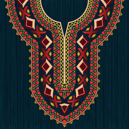 A vibrant neck design with intricate geometric motifs in tribal style. Symmetrical digital pattern for the neckline of Indian kurta, kurti, kaftan dress, and African dashiki shirt.