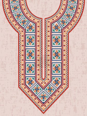 Neck embroidery decorative design for the Indian Kurta with Celtic interlaced patterns and repeated geometric shapes in vibrant color. Colorful fashion design in vintage Arab style.