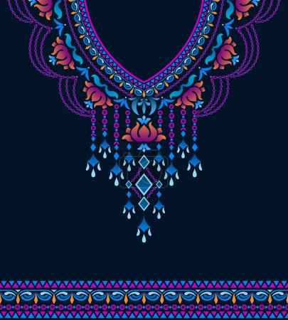 Neck design featuring floral, jewelry, and swirl shape motifs. Colorful symmetrical patterns for the neckline with a dark blue background. Suite for V-neck shirt, kaftan, tunic, and dashiki shirt.