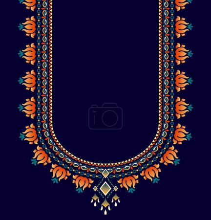 Colorful embroidery neck pattern design in luxury style with floral and ornament motifs on a dark blue background. Symmetrical pattern design for Indian saree blouse, U-neck shirt, and kaftan dress.
