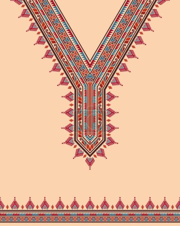 Diseño de patrón de escote colorido en estilo retro con motivos tribales tailandeses, patrones de trastes y formas geométricas. Adecuado para bordado de cuello en V kaftan, túnica y estampado de cera camisa dashiki africana.