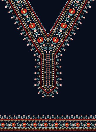 Diseño de patrón de escote floral en estilo de arte popular escandinavo con un fondo azul oscuro. Adecuado para bordar o imprimir en el cuello en V de caftán, túnica, camisa dashiki africana y kurti indio.