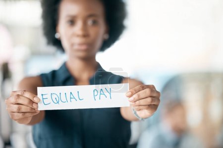 Paper sign, gender and finance equality with black woman, salary and pay gap. Equity, balance and opinion for fair opportunity, human rights bias and social transformation with business employee.