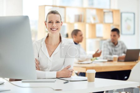 Portrait, business woman and computer in office or corporate workplace working with a smile. Happy worker, company employee or manager and leader at desk with career motivation, vision and mission
