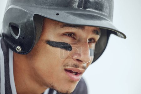 Face, sweating or tired baseball player in fitness, workout or training on grass field, pitch or Mexico sports stadium. Zoom, man or softball player thinking of exercise game or match while exhausted.
