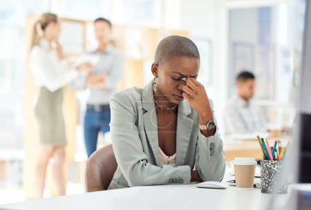 Black woman, headache or stress at desk in busy office, marketing agency or advertising company with target goals fail. Worker or employee with anxiety, burnout and mental health in creative business.