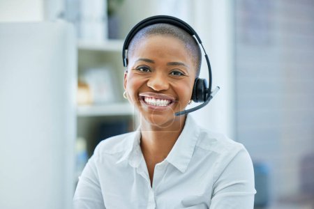 Photo for CRM, customer service or happy black woman with smile in office for telemarketing, telecom or contact us success. Call center, ecommerce or customer support in communication, networking or consulting. - Royalty Free Image