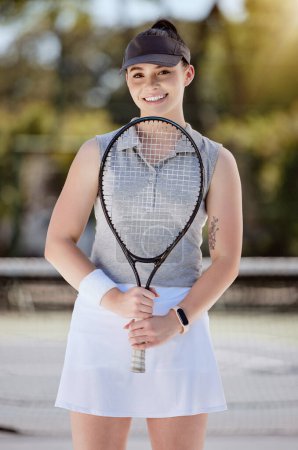 Photo for Woman, portrait smile and tennis for sports exercise, training or workout at the court outdoors. Female smiling in sport fitness holding racket in happiness for healthy cardio, game or match outside. - Royalty Free Image