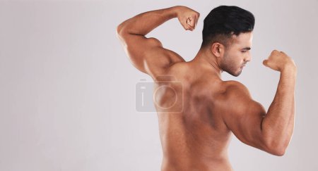 Muskulöse, kräftige und männlich gebeugte Arme mit Trainingsfortschritten vor grauem Studiohintergrund. Fitness, Wellness und Rücken des Athleten Bodybuilders mit Power und Bizeps aus Training und Training.