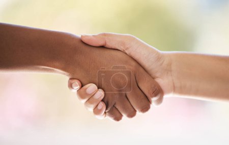 Diversity, hands closeup and welcome handshake introduction to interview meeting or thank you. Well done handshaking mockup, good job partnership deal or congratulations success on teamwork support.