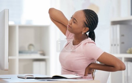 Photo for Burnout, stress and tired black woman with back pain in the office due to bad posture and uncomfortable chair. Fatigue, problem and frustrated worker annoyed with lower back injury or muscle backache. - Royalty Free Image