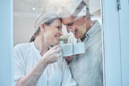 Photo for Senior couple, happy and love with coffee on a weekend morning at home. Weekend, laugh and smile, elderly woman and man relax with drink in home. Romance, happiness and drinking sweet tea together. - Royalty Free Image