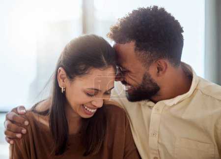 Photo for Couple, black people and love hug of a girlfriend and boyfriend with a smile together. Anniversary of happiness of a woman and man in a home laughing at a funny joke with happy bonding and affection. - Royalty Free Image