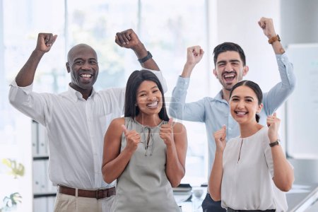 Photo for Excited business people, teamwork celebration and motivation, success and winning goals in office. Portrait of happy, diversity and employee collaboration, fist and deal, bonus and winner staff group. - Royalty Free Image
