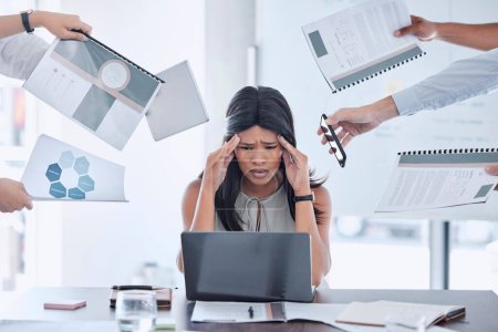 Photo for Stress, hands and business woman with headache from multitasking, workload and work pressure in office. Anxiety, hand and black woman suffering with burnout, chaos and deadline at corporate job. - Royalty Free Image