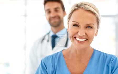 Photo for Put your health in our hands. Cropped portrait of two happy healthcare practitioners posing together in a hospital - Royalty Free Image