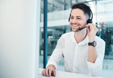 Photo for Telemarketing, customer service and call center worker with headset, happy and consulting online with computer. Consultant, customer support and contact us employee with advice, smile or help on crm. - Royalty Free Image