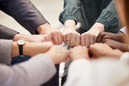 Photo for Fist bump, office teamwork and diversity of hands together for business and team support. Team building, community and collaboration success hand sign of company worker staff group about to work. - Royalty Free Image