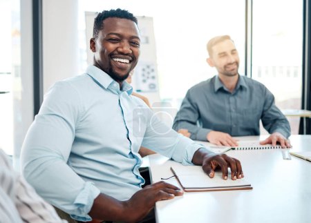 Photo for Meeting, corporate and portrait of African businessman sitting in the office boardroom with his team. Happy, smile and professional black man planning a company strategy or project in conference room. - Royalty Free Image