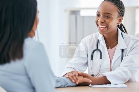 Photo for Happy doctor, holding hands and patient empathy, healthcare or medical trust, hope and faith in therapy, healing and rehabilitation in mental health consulting. Smile hospital worker counseling woman. - Royalty Free Image