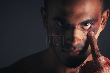 Photo for Boxer, injured and black man fighter face with a serious sport injury from a boxing fight match. Portrait of facial wound and black eye from a sports accident of a professional athlete from conflict. - Royalty Free Image