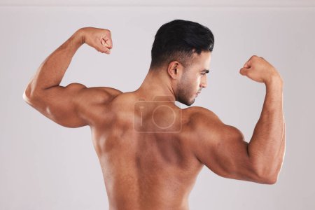 Photo for Muscle, bodybuilder and man flex, with natural body and confident with studio background. Muscular, young male and showing arms with pride, flexing and fitness for wellness, health and motivation - Royalty Free Image