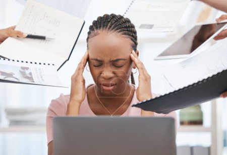 Stress, burnout and overworked employee with documents give her headache from chaos, confusion and corporate overload. Black woman at work, overwhelmed office employee and managing anxiety and panic.