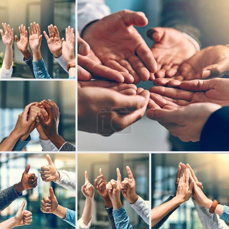 Photo for Teams are built by teamwork. Composite shot of a group of unrecognizable people putting up their hands and using different types of gestures inside of a office - Royalty Free Image