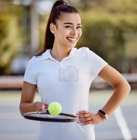 Photo for Fitness, woman and portrait smile for tennis sport, exercise or cardio training workout on the court outdoors. Happy female smiling in sports practice holding racket and ball on the tennis court. - Royalty Free Image