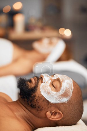 Photo for Spa facial, skincare and couple with face mask for luxury self care routine, glowing skin or wellness treatment. Beauty product, healthcare support and black woman and man relax with salon face cream. - Royalty Free Image
