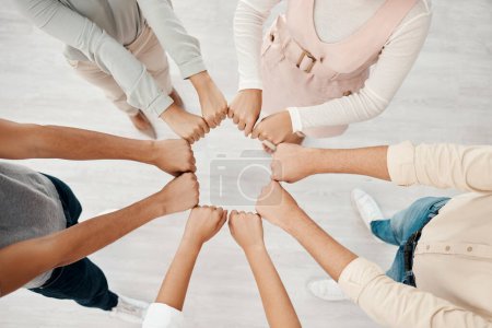 Photo for Corporate teamwork, fist bump hands of people in company diversity together and global business connection. Group employees collaboration, staff success and office workplace community team building. - Royalty Free Image