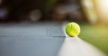 Photo for Tennis court, sports and green ball on floor for exercise, workout and training for mockup athlete background for health and wellness. Fitness, game and sport motivation for competition and cardio. - Royalty Free Image