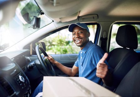 Photo for On time, every time. Portrait of a young postal working pulling thumbs up while sitting in his car during a delivery - Royalty Free Image