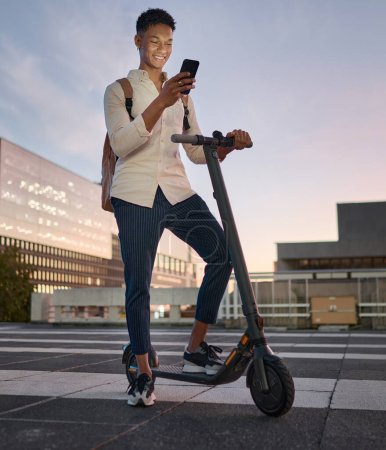 Photo for Businessman, electric scooter or phone at city travel sunset by New York buildings on location map. Happy smile, designer or escooter transport, environment and carbon footprint transport with mobile. - Royalty Free Image