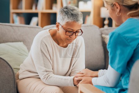 Photo for Mental health, support and nurse with senior woman holding hands for support, healthcare and depression expert advice. Retirement empathy, psychology help and sad elderly patient talking to caregiver. - Royalty Free Image