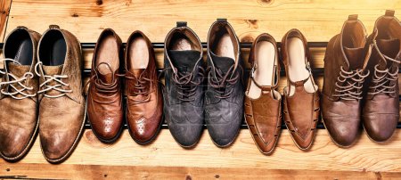 Foto de Esos son mis zapatos. una selección de zapatos alineados juntos - Imagen libre de derechos