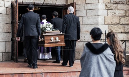 Death, funeral and people with coffin to church, chapel service and ceremony for temple ritual. RIP, mourning and burial of dead in casket, respect or christian religion, memorial and grieving family.
