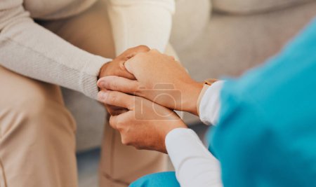 Photo for Holding hands, support and empathy with nurse and patient for trust, help and counseling in a nursing home. Woman and caregiver together for healthcare, psychology and consultation for depression. - Royalty Free Image