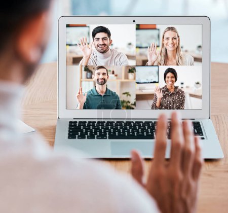 Team, laptop and video call for webinar, online meeting and communication together. Digital device, teamwork and coworkers have discussion, conference or wave with smile, planning or happy with sales.