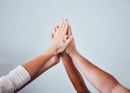 Photo for High five, team and hands of people in celebration for teamwork achievement, team building meeting or collaboration. Group solidarity, support and community friends celebrate charity mission success. - Royalty Free Image