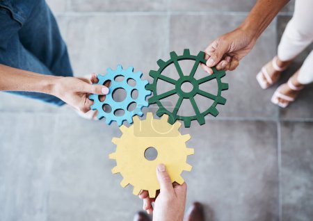 Photo for Settings, gear icon and teamwork with business people or team together for collaboration and synergy with cog wheel strategy. Office group hands for problem solving, innovation and development. - Royalty Free Image