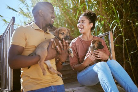 Paar, Liebe und Bindung zu Hundewelpen im Tierheim, Adoptionszentrum der freiwilligen gemeinnützigen Wohltätigkeitsorganisation für Hunde. Lächelnde, glückliche oder schwarze Frau und Mann mit tierischen Haustieren zur Pflege im Garten.