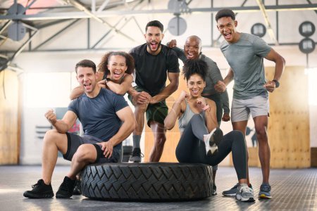 Fitness, gym and group of people portrait for workout teamwork, collaboration and motivation with power, energy and commitment. Excited, strong and sports people or friends with exercise goals.