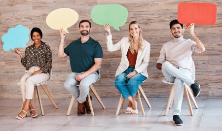 Photo for Diversity, recruitment and speech bubbles for social media marketing idea of people in waiting room for interview, meeting and collaboration. Creative design company, business staff and hiring mockup. - Royalty Free Image
