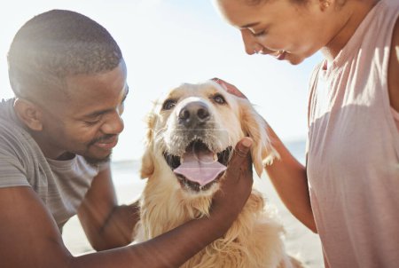 Photo for Couple, dog and love, together at beach for fun trip, happy and pets animal with care. Bonding, spending quality time and black man with woman by the ocean on adventure with golden retriever puppy - Royalty Free Image