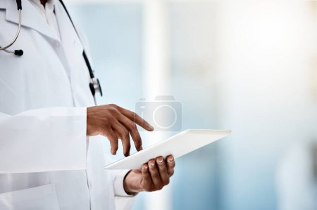 Photo for Healthcare, medicine and hands of a doctor with a tablet for communication, consulting and online medical help. Working, digital and hospital employee with technology for results, email or internet. - Royalty Free Image