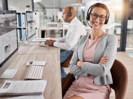 Call center, CRM or happy consultant woman in office with smile for contact us, leadership or success customer support help. Customer service smile, telemarketing or sales advisor communication.